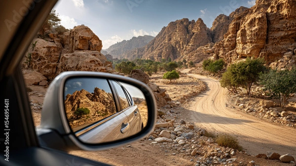 Fototapeta Desert road adventure reflected in car mirror with rugged rocky landscape and blue sky