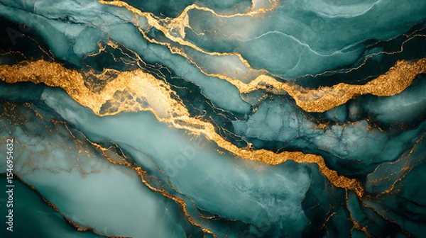 Fototapeta Elegant teal and gold marble texture background with fluid abstract patterns and design