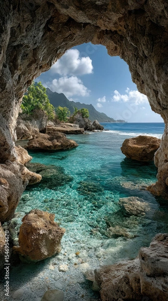 Fototapeta Scenic coastal cave view overlooking turquoise ocean waters and lush tropical island landscape