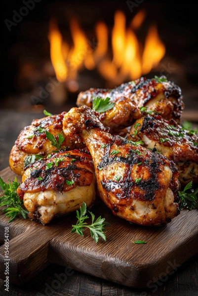 Fototapeta Grilled chicken drumsticks with herbs in rustic setting near fire - perfect for barbecue enthusiasts and food lovers