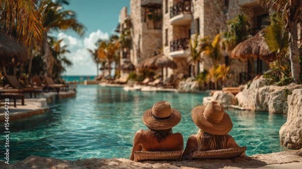 Fototapeta Relaxing vacation by tropical resort pool with palm trees and clear blue sky near ocean beachfront