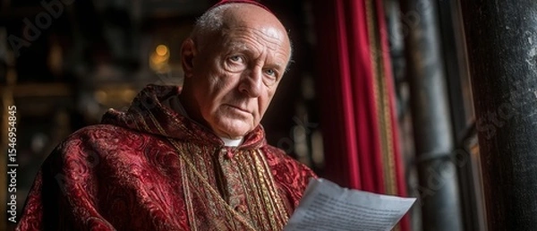 Fototapeta Elderly man in ornate red robe reading document by window in dimly lit room with intense expression and historical ambiance