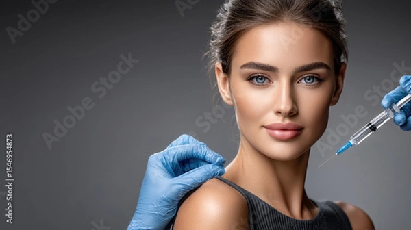 Fototapeta Beautiful young woman receiving cosmetic injection with syringe in clinic for skin medical treatment, empty gray background with copy space.