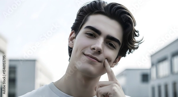 Fototapeta Confident headshot portrait of handsome young man smiling and gently touching cheek outdoors