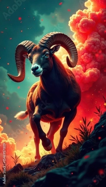 Fototapeta Fierce Ram, arrow drawn, radiating light, dynamic background , warrior, hero, aura