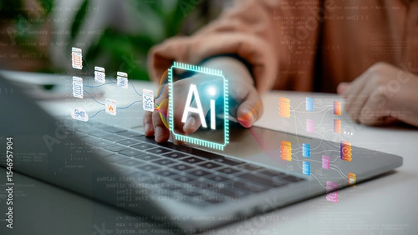 Obraz Close-up of hand interacting with AI workflow on laptop screen. Concept of artificial intelligence process, machine learning pipeline, data analysis, automation, and smart system integration.
