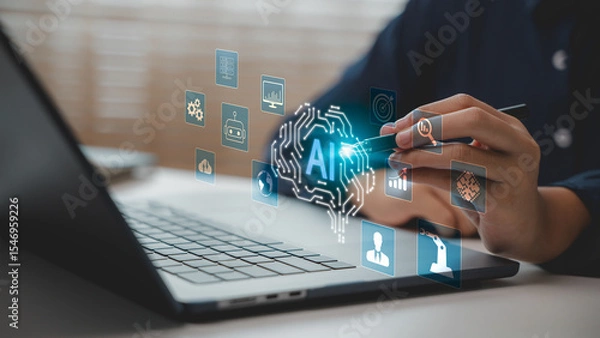 Obraz Close-up of hand using stylus with AI interface on laptop screen. Concept of artificial intelligence ecosystem, machine learning, automation, data analytics, and smart digital transformation.