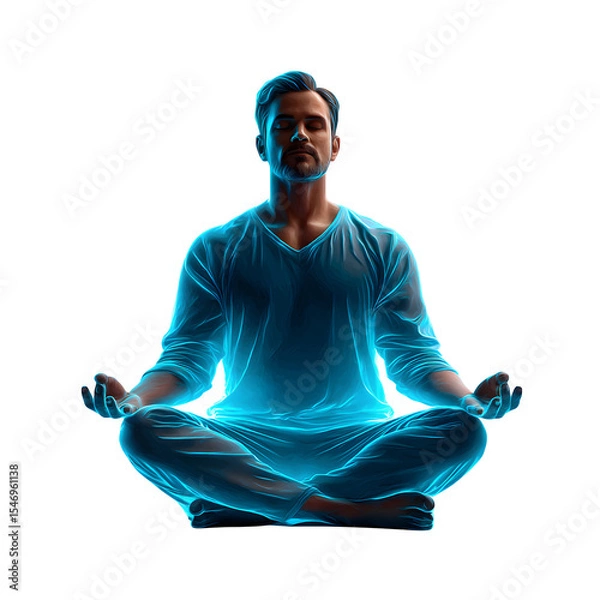 Obraz Outline of a person in lotus meditation pose, thin neon-blue line drawing with subtle inner glow, centered on transparent background
