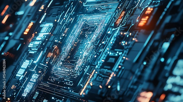 Fototapeta A computer chip with a blue background and orange and yellow lights