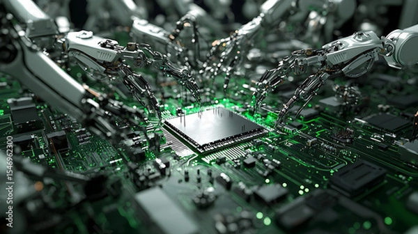 Fototapeta A computer chip is being assembled by a group of robotic arms
