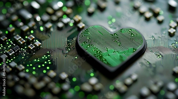 Fototapeta A green heart is on a circuit board