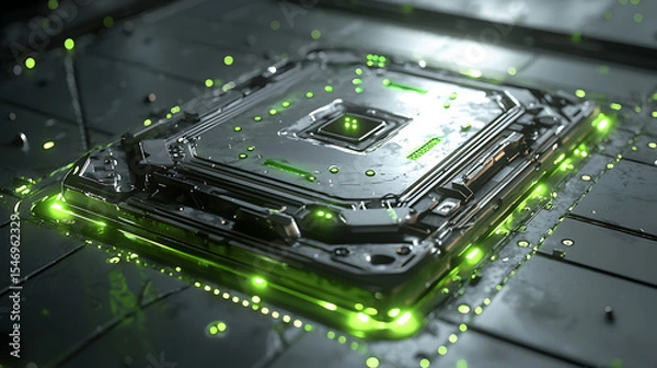 Fototapeta A computer chip with green lights surrounding it