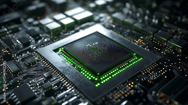 Fototapeta A computer chip is lit up green