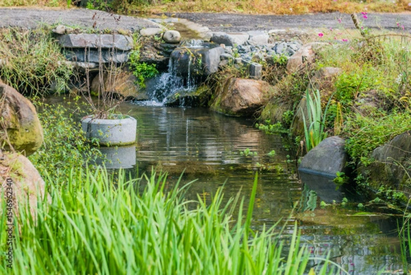 Fototapeta Small waterfall, likely part of a natural stream or an artificially constructed water feature in a garden or park setting.