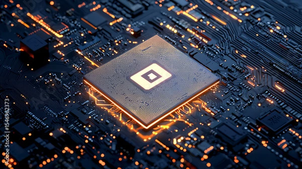 Fototapeta A computer chip is lit up with a yellow square on it