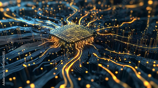 Fototapeta A computer chip is shown in a close up with a lot of wires and lights