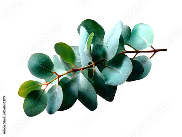 Obraz Set of eucalyptus leaves with soft green and silvery tones, arranged diagonally as a minimal botanical element on white background, isolated to transparent background