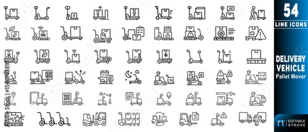 Fototapeta Pallet mover delivery vehicle line icons for efficient logistics solutions.  Editable stroke. Vector illustration