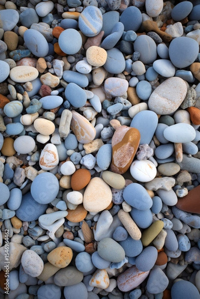 Obraz Multicolored pebbles cover the rocky beach, showcasing a variety of shapes, sizes, and hues. Smooth and textured stones create a visually appealing landscape. Generative AI.