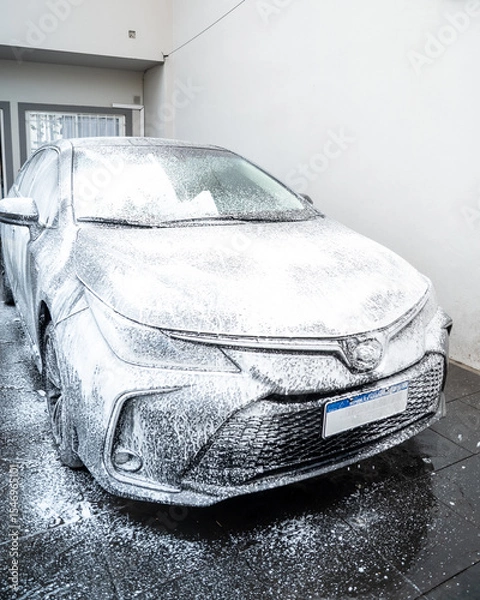 Obraz Spraying soap foam on a car with an electric foamer