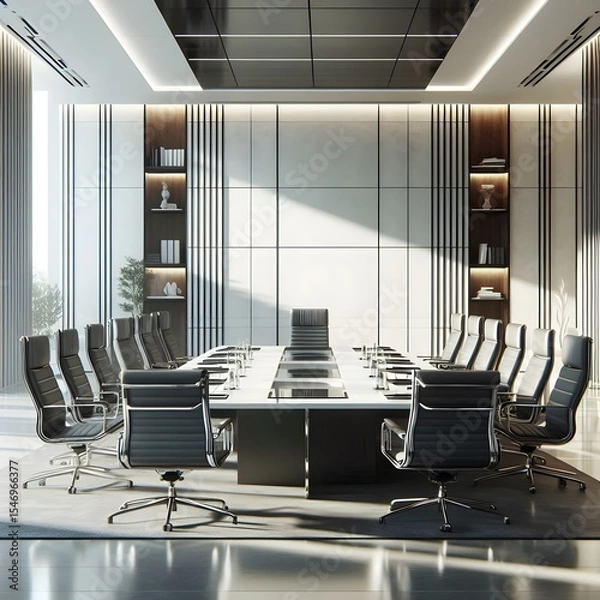 Fototapeta Luxury business meeting room with clean design, white wall background, and polished wood table in sunlit office