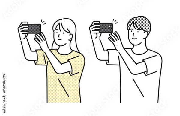 Obraz イラスト素材：スマホで写真を撮る若い男女