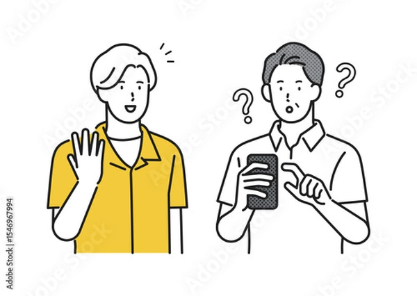 Fototapeta イラスト素材：スマホを見ているシニア男性と話しかける男性のイラスト