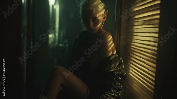 Obraz Mysterious elf woman sitting in dark room with blinds