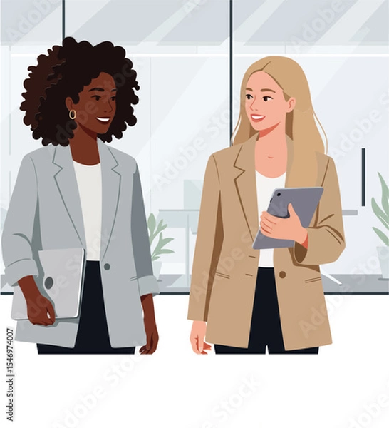 Obraz Two businesswomen discussing ideas in modern office setting with natural light and casual attire vector illustration 