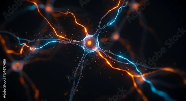 Obraz  A hyper-realistic microscopic view of a network of neurons firing with glowing blue and orange electrical pulses. Dark background, representing brain activity and AI.