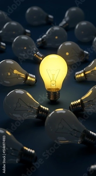 Obraz A single bright yellow lightbulb, illuminated and glowing, surrounded by a group of identical, dull, grey unlit lightbulbs. Minimalist background. Concept of a great idea.