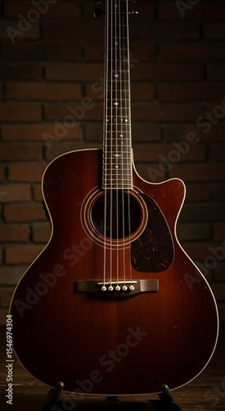 Obraz An elegant close-up of a vintage acoustic guitar resting against a dark, rustic brick wall. The focus is on the strings over the soundhole. Warm, moody, intimate lighting.