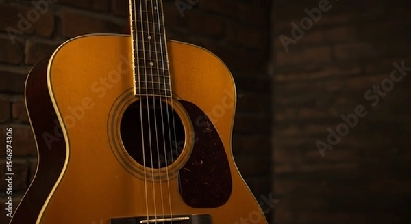 Obraz An elegant close-up of a vintage acoustic guitar resting against a dark, rustic brick wall. The focus is on the strings over the soundhole. Warm, moody, intimate lighting.