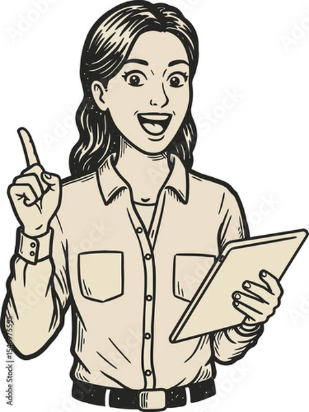 Obraz Woman holding digital tablet and pointing finger with happy expression vector illustration in sketch style 