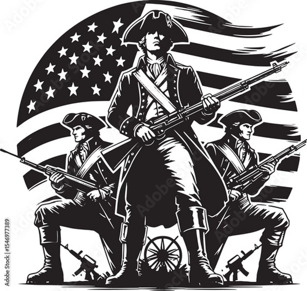 Fototapeta Bold black-and-white illustration of three American Revolutionary soldiers in tricorn hats, holding muskets, standing and kneeling against a dynamic U.S. flag background, symbolizing patriotism