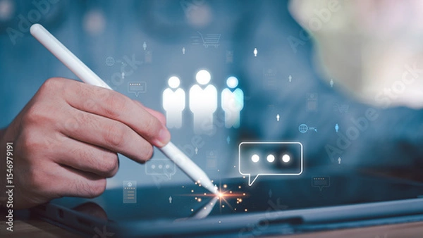 Fototapeta Human Resources Management ,customer reviews, document sharing, and communication bubbles, symbolizing efficient digital transformation in HR, talent acquisition, and employee engagement.