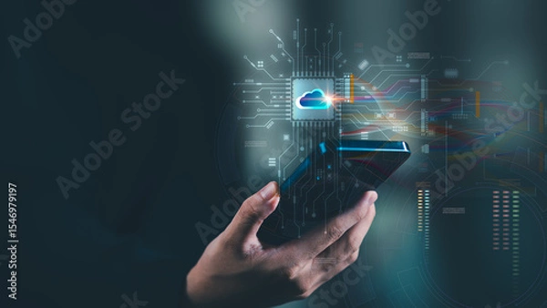 Fototapeta cloud computing backup technology concept ,Access to server communication services ,database connection with modern hardware and software ,interface for uploading and downloading data