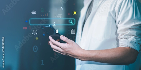 Fototapeta Businessman searching for business information through virtual screen,Searching for information he is interested in through online websites,keyword search ideas to find references,insight research