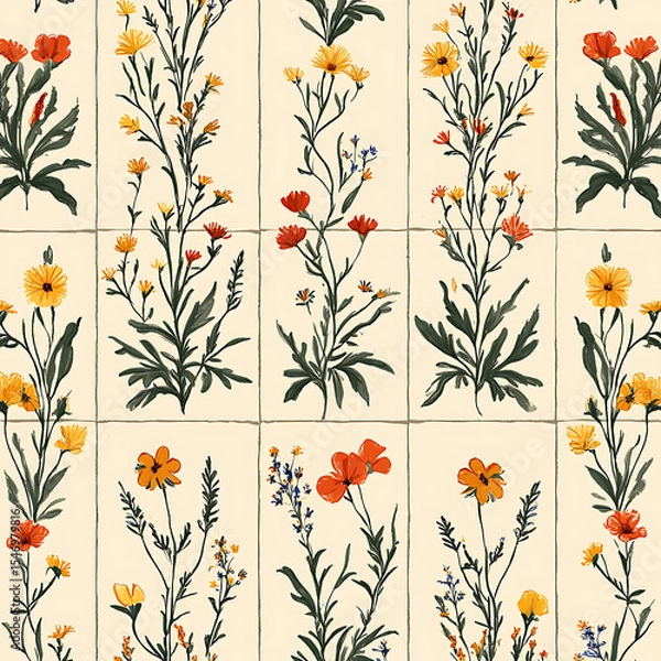 Fototapeta Seamless tile patterns combining cultural, modern, and botanical inspirations for commercial vector.
