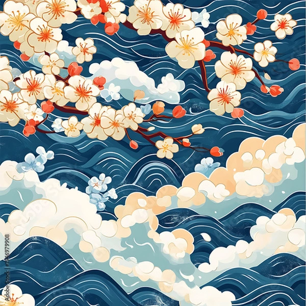 Fototapeta Seamless tile patterns combining cultural, modern, and botanical inspirations for commercial vector.