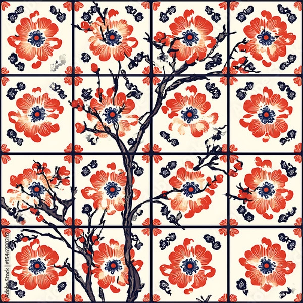 Fototapeta Seamless tile patterns combining cultural, modern, and botanical inspirations for commercial vector.