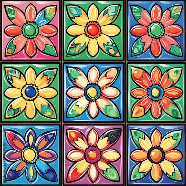 Fototapeta Seamless tile patterns combining cultural, modern, and botanical inspirations for commercial vector.