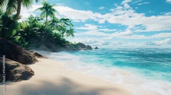 Fototapeta Idyllic tropical beach paradise with palm trees and turquoise water
