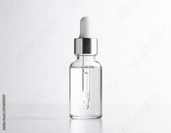 Obraz 화이트톤의 투명한 병에 스포이드가 있는 화장품, 액체형태의 앰플 제품 이미지 Image of a cosmetic product in a transparent white bottle with a dropper, an ampoule in liquid form
