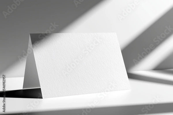 Fototapeta Blank folded card mockup standing on white surface with dramatic diagonal shadows, minimalist design for invitation, branding, or product presentation