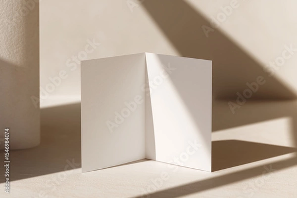 Fototapeta Blank folded card standing on beige background with dramatic sunlight and shadow, minimalist mockup for invitation, greeting, or brand stationery presentation