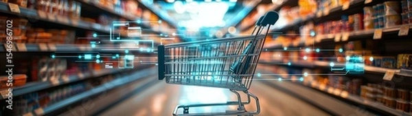 Fototapeta Shopping cart in supermarket environment digital technology influence retail space modern concept futuristic view