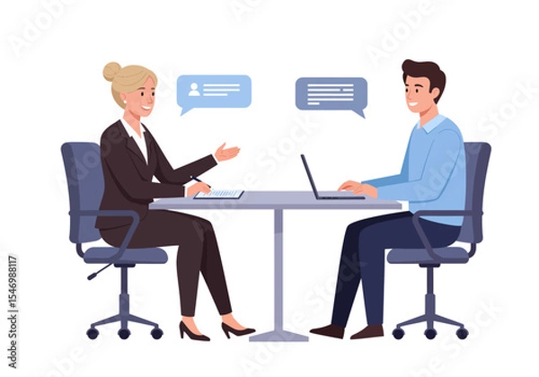 Obraz Two people sit at a table engaged in discussion with speech bubbles floating above them