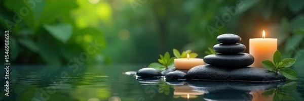 Fototapeta Serene spa scene featuring smooth stones, calming candles, and lush greenery, promoting tranquility and well-being Perfect for relaxation, wellness, and healing imagery , medicine, greenery, massage