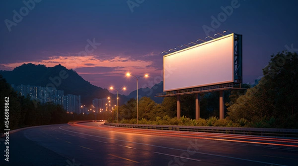 Obraz Illuminated Highway and City Skyline at Sunset with Colorful Art Billboard
